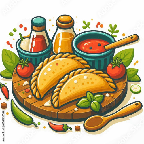 Two empanadas are presented on a wooden board with sauces chili tomatoes basil and a spoon