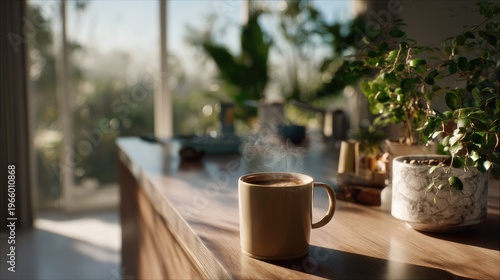 Morning Ritual: A steaming mug of coffee sits on a sleek wooden countertop, bathed in the soft morning light filtering through the window, offering a sense of calm and a peaceful start to the day.