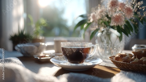 Morning Brew and Bloom: A close-up shot captures the simple pleasures of a morning, with a cup of aromatic tea, blooming flowers, and baked goods arranged on a table bathed in soft sunlight.