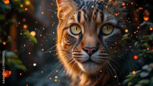 A curious tabby cat with glowing eyes looks out from a magical forest.