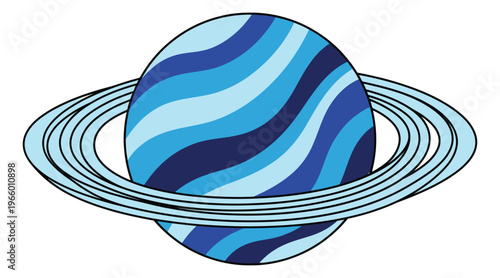 Cartoon illustration of a ringed planet depicting colorful blue wavy bands and orbital rings for space and astronomy design