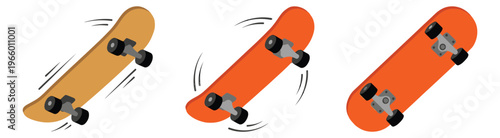 Cartoon icon set of 3 skateboards depicting moving and stationary boards in orange and tan colors for sports design