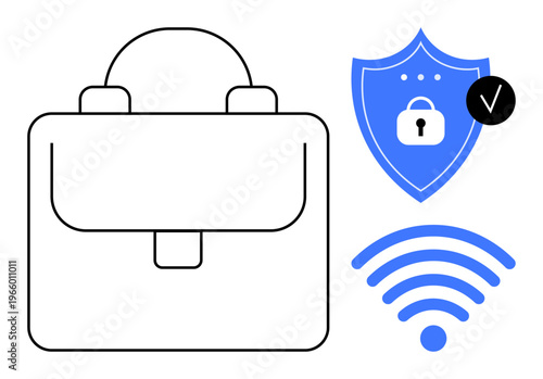 Business security concept. a briefcase for work essentials, a shield with a lock for security, and a wireless network symbol. Business security, data protection, and connectivity . Perfect