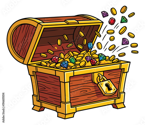 Cartoon illustration of an open treasure chest depicting gold coins and gemstones bursting out for game and adventure design