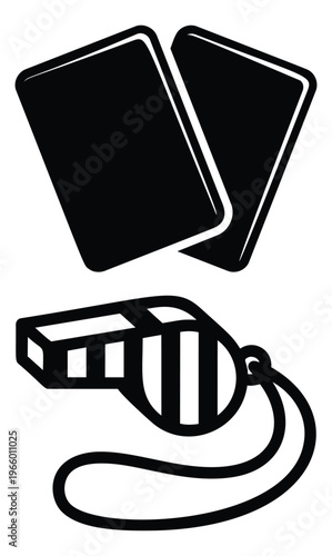 Silhouette and outline illustration of referee cards and whistle depicting sports officiating symbols for soccer and football design