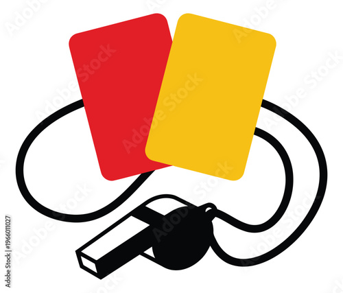 Flat illustration of soccer referee cards depicting red and yellow penalty cards with whistle for sports design