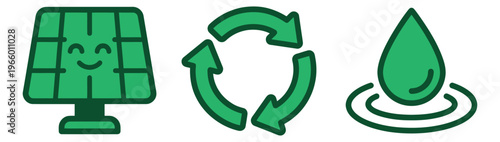 Cartoon icon set of 3 green sustainability symbols featuring solar panel, recycling arrows and water drop for eco design