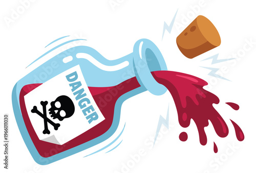 Cartoon illustration of a danger poison bottle depicting spilling toxic liquid for warning and hazard design