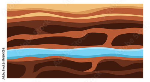 Flat illustration of underground soil layers depicting geological cross section with aquifer water for science and education design