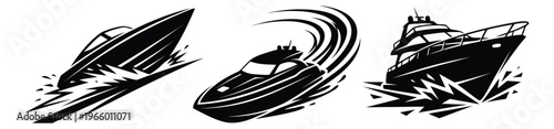 Silhouette icon set of 3 speedboats depicting fast moving watercraft in dynamic action poses for marine and nautical design