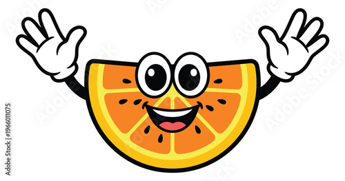 Cartoon illustration of a happy orange slice character depicting a smiling citrus mascot with raised hands for food and beverage design