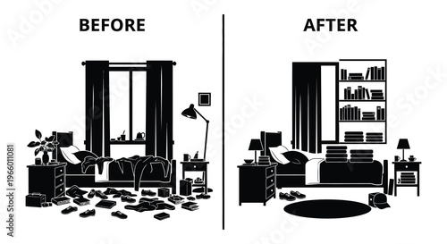 A before and after bedroom transformation is shown highlighting clutter removal and organization in bold silhouette high quality professional detailed modern elegant stylish