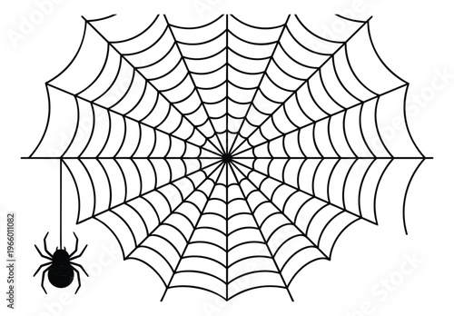 Outline illustration of a spiderweb with hanging spider depicting Halloween arachnid trap for seasonal and holiday design