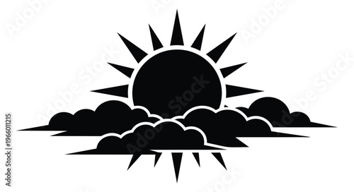 Silhouette illustration of sun behind clouds depicting partly cloudy weather for meteorology and nature design