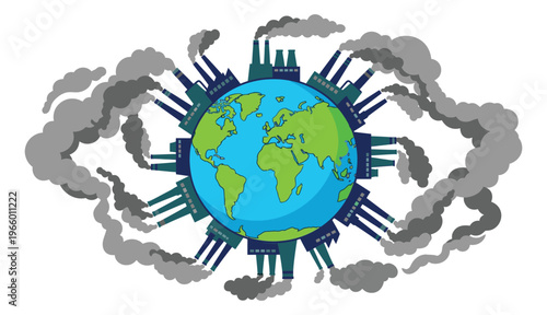 Cartoon illustration of industrial factories surrounding Earth depicting global air pollution and environmental damage for ecology and climate design