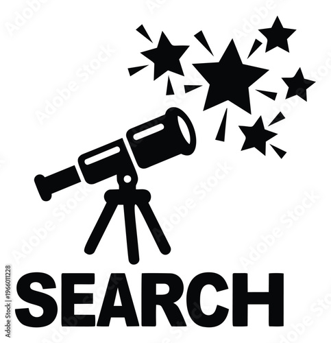 Silhouette illustration of telescope with stars depicting astronomical search concept for science and education design