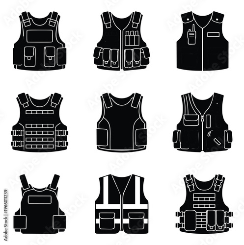 Silhouette icon set of 9 tactical vests featuring bulletproof armor, military gear and safety equipment for security design