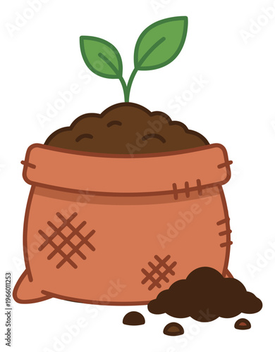 Cartoon illustration of a soil bag with sprouting seedling depicting plant growth and gardening for agricultural and nature design