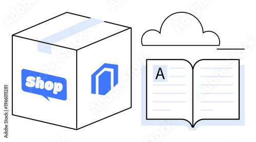 E-commerce, online shopping, digital storage, education, learning, technology. A box with shop icon and cloud above an open book. E-commerce and online shopping concept