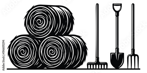 Woodcut illustration of hay bales and farm tools depicting a rake, shovel and pitchfork for agricultural design