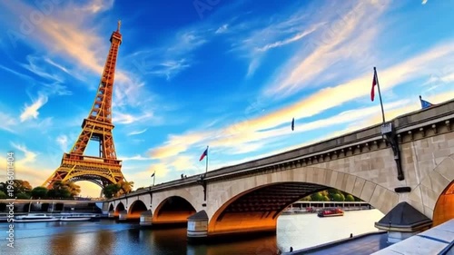 The iconic Eiffel Tower stands majestically at sunset over the River Seine in Paris.