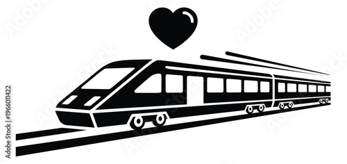 Flat silhouette illustration of a modern train depicting high speed rail travel with heart symbol for transportation design