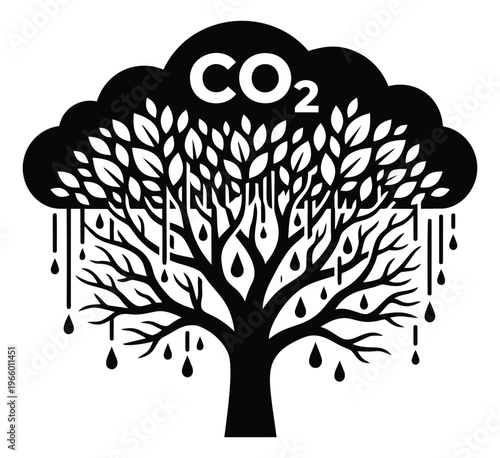Silhouette illustration of a CO2 absorbing tree depicting carbon capture with dripping droplets for environmental design