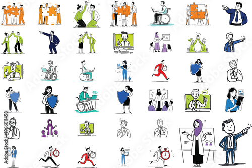 Diverse vector graphic illustration collection showcasing business concepts like teamwork, communication, security, time management, and professional interactions among people in various dynamics.