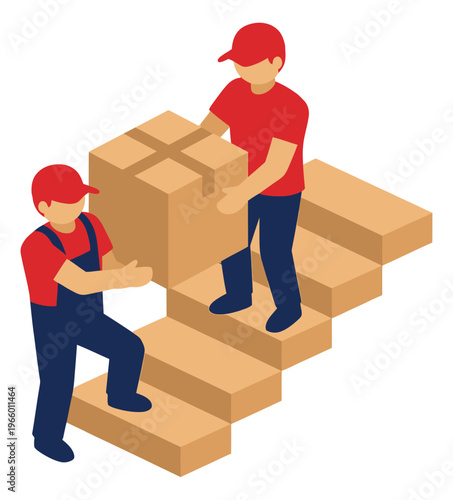 Isometric illustration of two movers carrying cardboard boxes depicting delivery workers on stairs for moving and logistics design