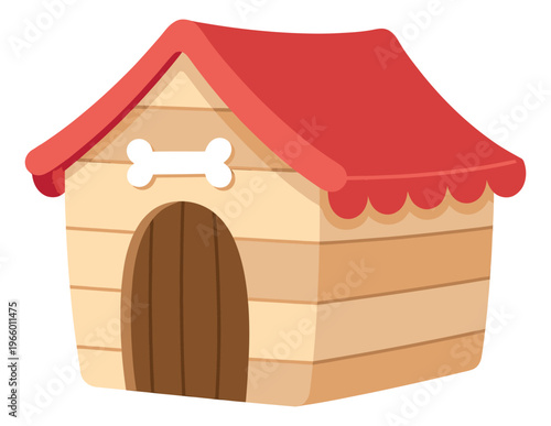 Cartoon illustration of a wooden dog house depicting a cozy pet shelter with bone decoration and red roof for animal care design
