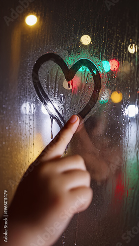 A child finger traces a heart onto a fogged-up windowpane during a rainy night. Through the condensation and dripping water, the colorful, out-of-focus city lights create a warm, glowing bokeh