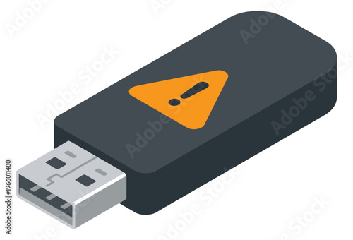 Isometric flat illustration of a USB flash drive depicting a warning alert symbol for cybersecurity and data protection design
