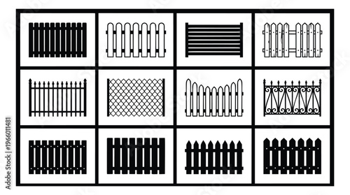 Silhouette icon set of 12 fence styles featuring picket, chain link, iron and decorative barrier designs for landscaping and architecture