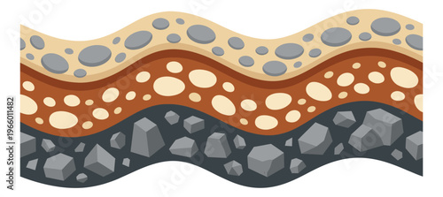Flat illustration of geological soil layers depicting sediment strata cross section for science and education design