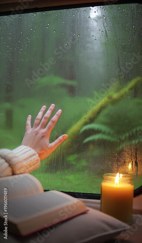 A hand reaches toward a rain-streaked van window, revealing a lush, misty forest outside. Inside, an open book and a glowing candle create a sanctuary of warmth. Peaceful hygge scene of quiet comfort