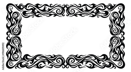 Tribal silhouette illustration of ornate swirl border depicting decorative flame and wave motifs for license plate and frame design