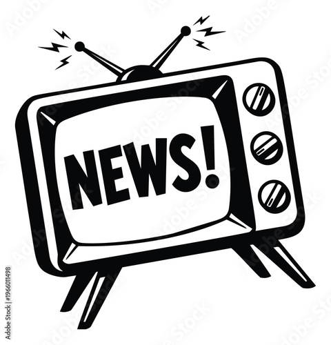 Retro cartoon illustration of a vintage television set depicting breaking news broadcast for media and journalism design
