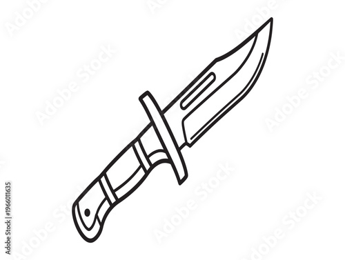 A black and white line drawing of a fixed blade knife with a pointed tip and ergonomic handle