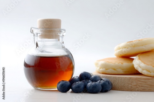 Pancake stack with blueberries and syrup in a glass bottle on white surface