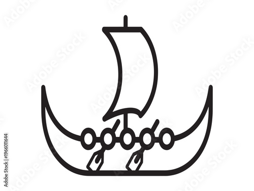 A simple line drawing of a sailing ship with a single mast and oars
