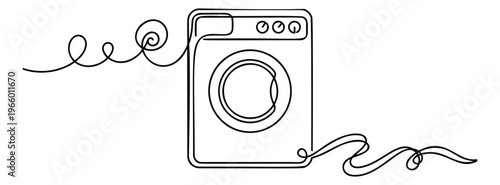 Continuous line art illustration of a washing machine depicting a single line drawing concept for laundry and home appliance design