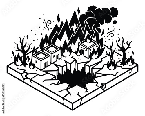 Cartoon illustration of a burning city scene depicting earthquake destruction with fire and cracked ground for disaster concept design