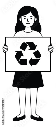 Flat illustration of a young woman holding a recycling sign depicting environmental activism for ecology and sustainability design