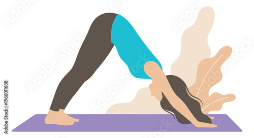 Flat illustration of a woman depicting downward facing dog yoga pose for fitness and wellness design