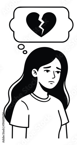 Cartoon illustration of sad woman depicting heartbreak and emotional pain for mental health and relationship design
