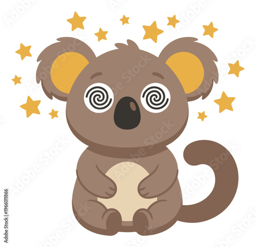 Cartoon illustration of a dizzy koala depicting spiral eyes and stars for children and nursery design