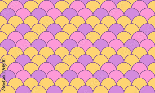 Vibrant pastel pink, purple, and yellow fish scale pattern.  Perfect for playful backgrounds, textile designs, or whimsical website designs.  This seamless repeat evokes a cheerful, optimistic mood.