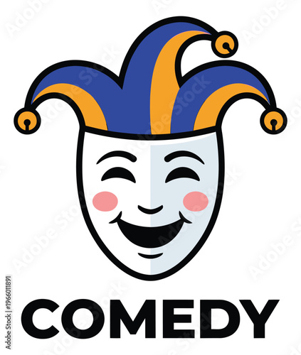 Cartoon illustration of a jester comedy mask depicting a laughing theatrical face with fool hat for entertainment design