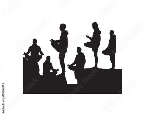 Silhouettes of six people in various yoga and meditation poses on a rocky landscape at dawn or dusk, with a dark, atmospheric
