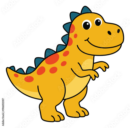 Cartoon illustration of a cute baby dinosaur depicting a smiling orange t-rex character for children and kids design